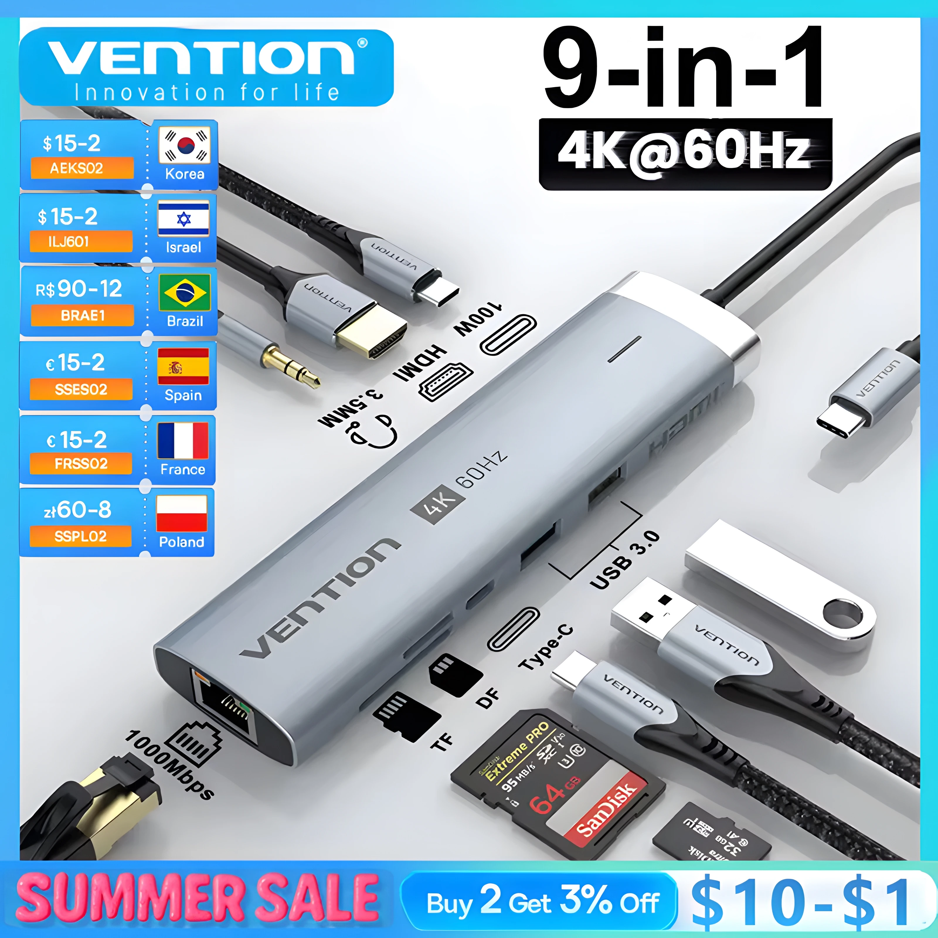 Vention New USB Hub HDMI 4K 60Hz 9 in 1 PD 100W USB C 3.2 Gen2 Hub 5Gbps Splitter Expansion Adapter for Macbook Air M1 M2 Laptop