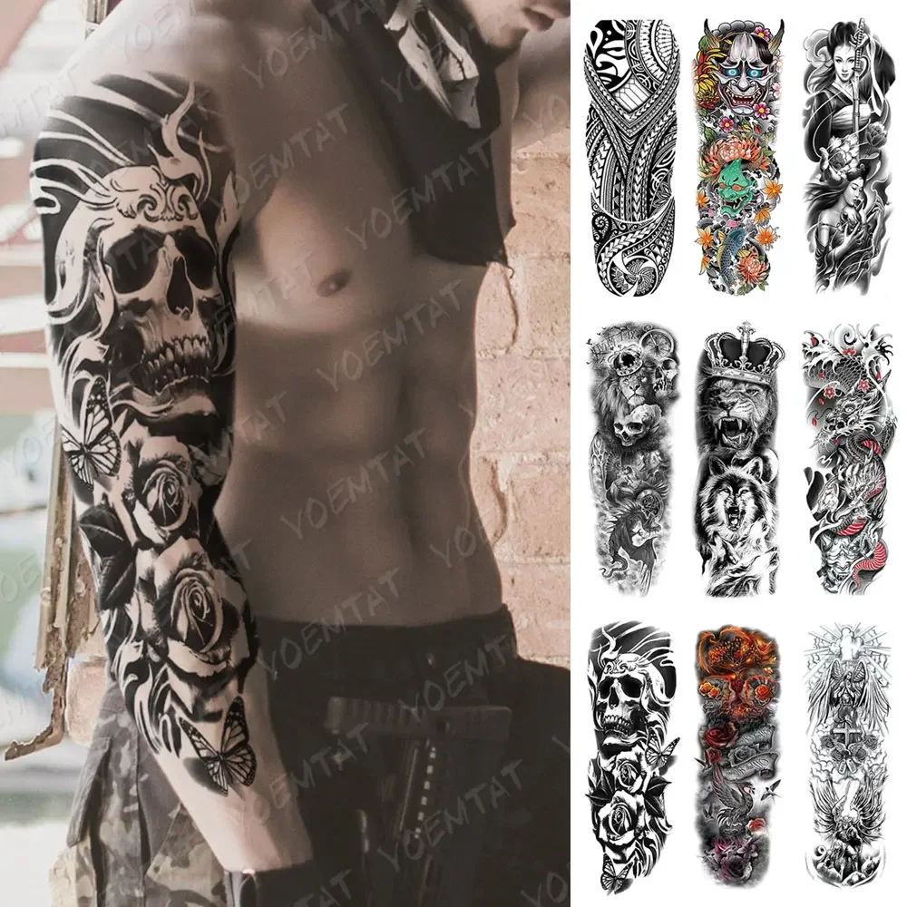 

Large Full Arm Sleeve Waterproof Temporary Tattoo Sticker Skul Dragon Snake Lion Wolf Tiger Prajna Fake Tatoo Body Art Men Women