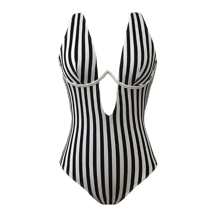 S - XL V shape Wire Striped Women Swimwear One Piece Swimsuit Female V-bar Underwired Bather Bathing Suit Swim