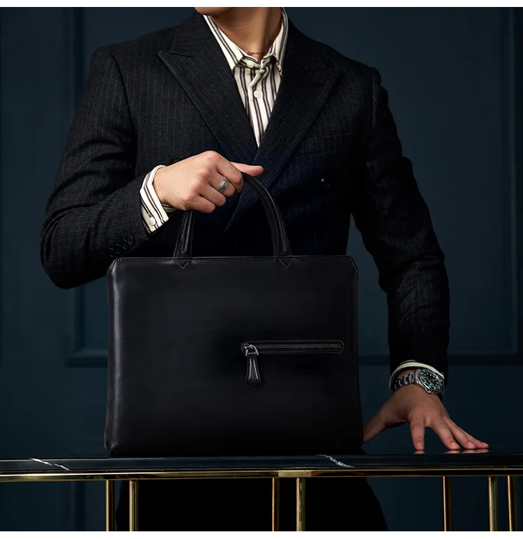 Genuine Leather Men\'s Bags Handbags Business Briefcases Horizontal Thin Casual Rubbed Top Layer Cowhide Soft Leather Briefcases