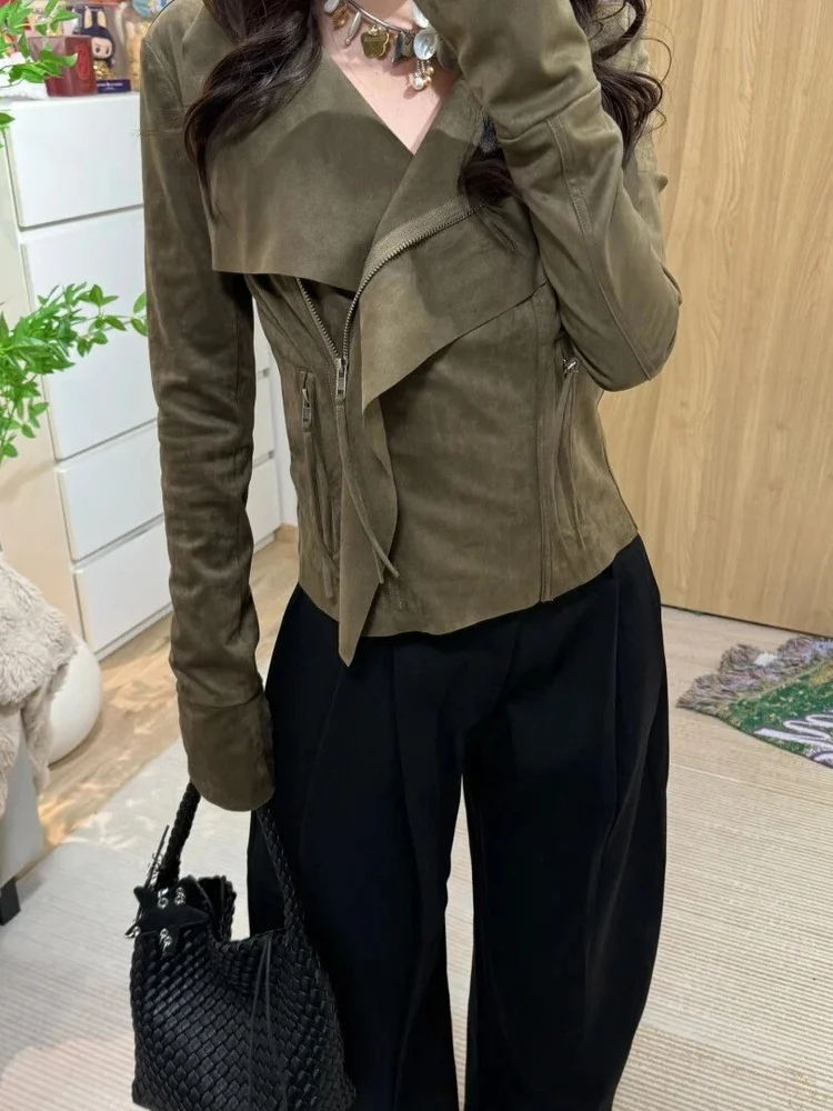 

Lilystore Visual Series ort Suede Jaet Women's Slim Fit Collar Coat Street Sle Autumn New Arrival Pure Color Zipper