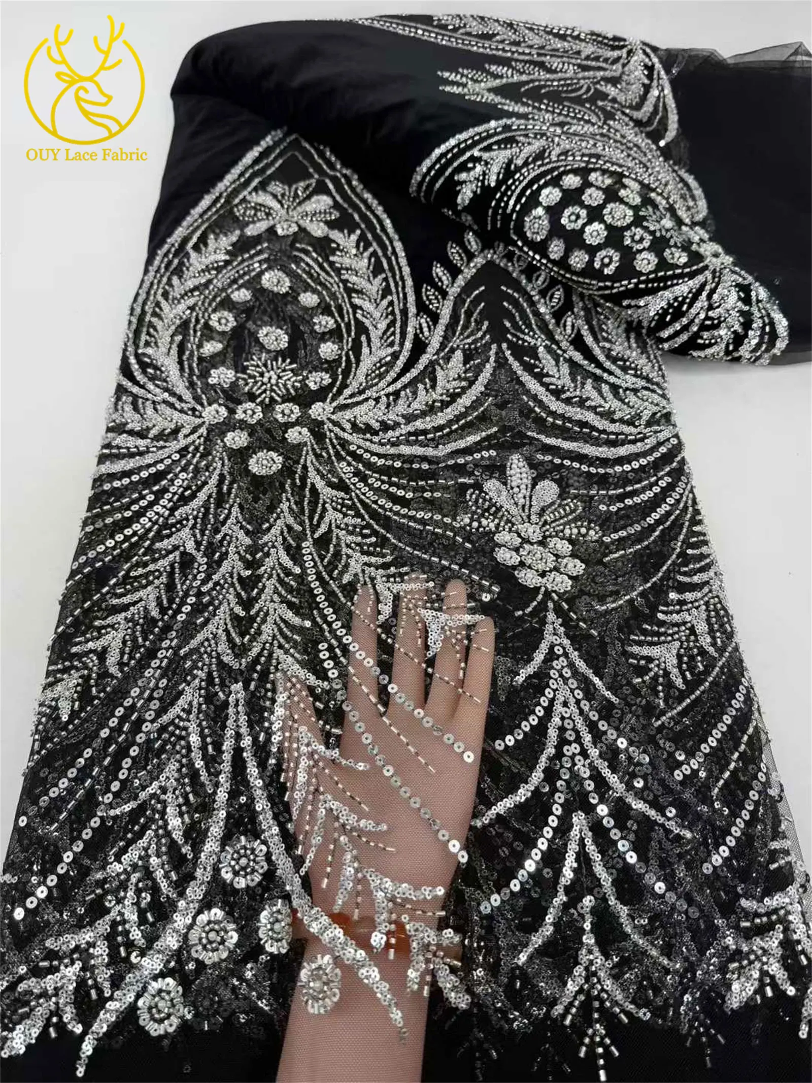 Luxuriöser afrikanischer Samt mit Perlen und Pailletten, Spitzenstoff, 2026, grüner Bräutigam-Stickstoff, französisches Damen-Party-Abendkleid – Detail 13