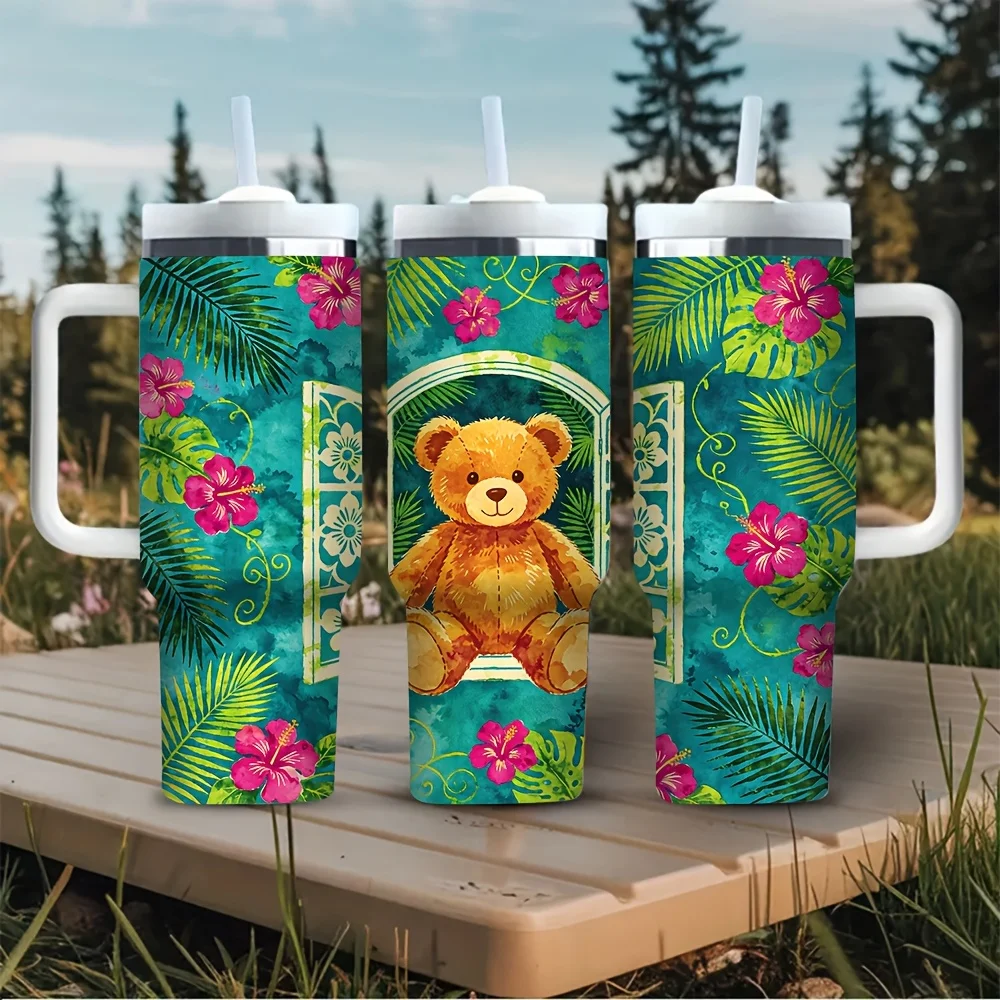 40oz Tumbler with Handle, Cute Teddy Bear Tropical Flower Print Water Cup, Suitable for All Ages, Ideal for Outdoor Travel And Daily Use, Perfect for Both Hot And Cold Drinks