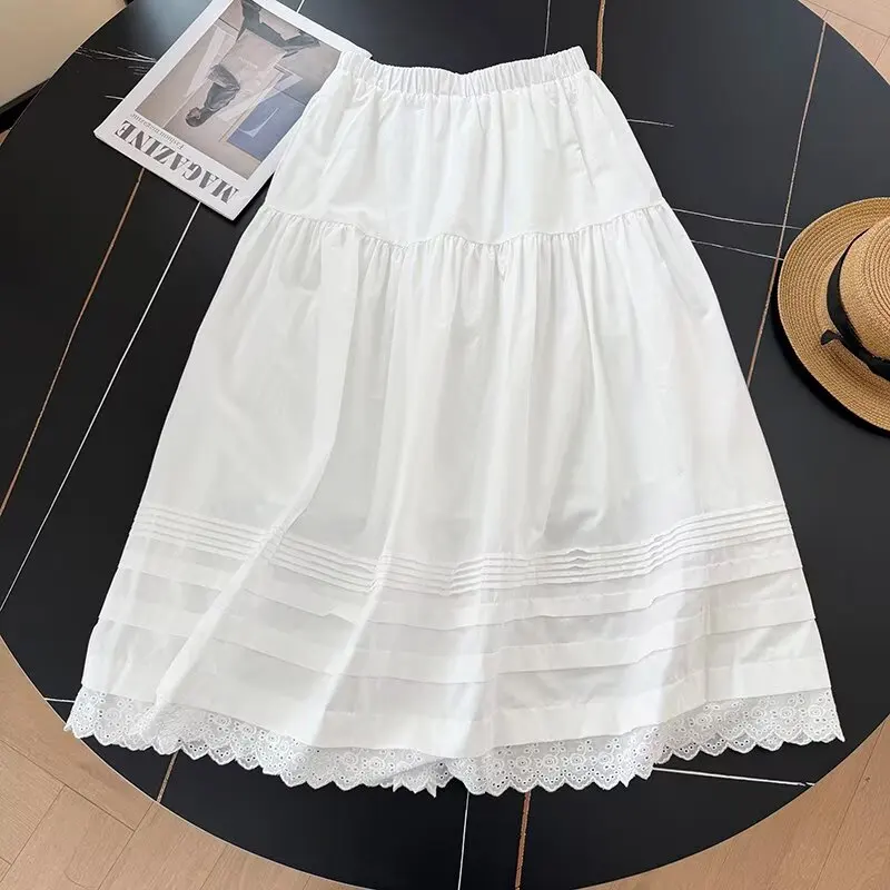 Sweet Style White Lace Hem Half Skirt Women's High Waist Slim Elastic Waist A-Line Midi Skirt Spring Summer Fashion Ladies' P...