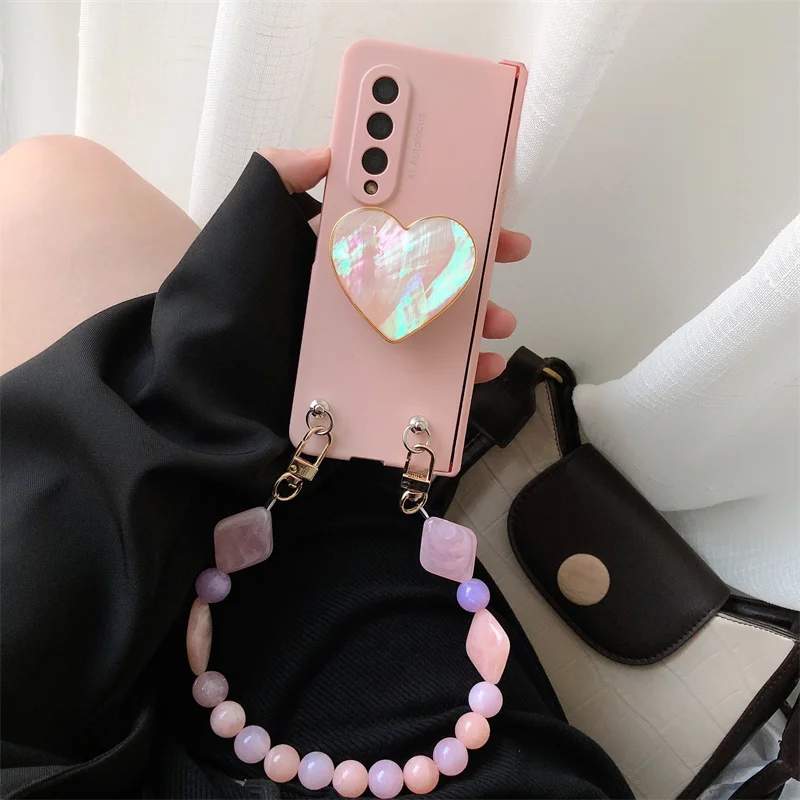 3D Cute Colorful Love Heart Bracket Phone Case For Samsung Galaxy Z Fold 5 4 3 Geometry Jade Chain Hinge Protector Armor Cover