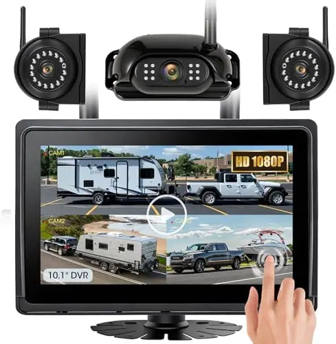 

Wireless RV Backup Camera System 10.1" Touch Screen, 1080P DVR, Night Vision, Furrion Compatible