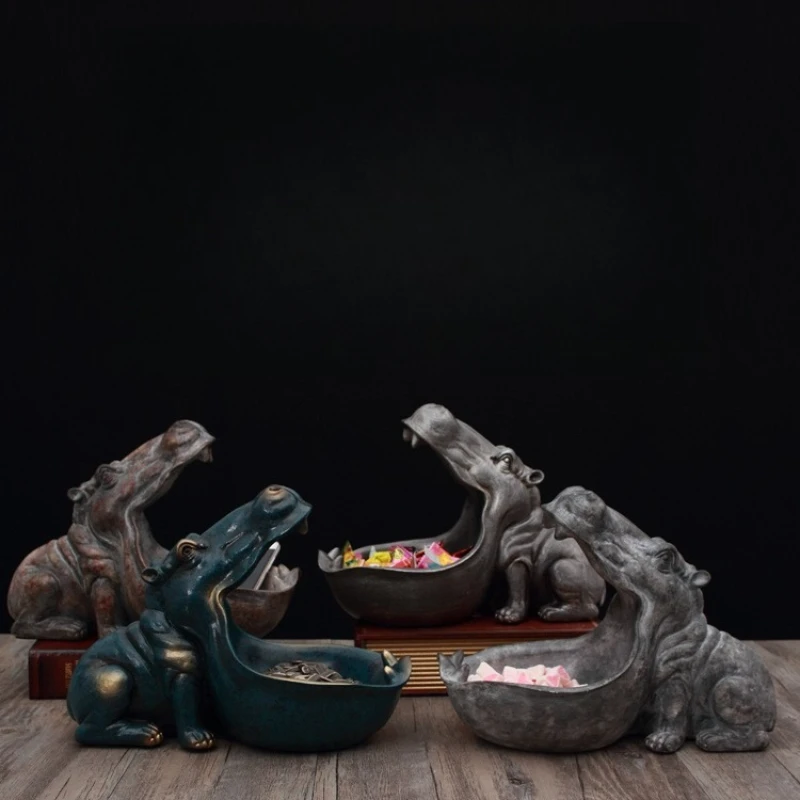 Hippopotamus Statue Resin Statue and Mini Model Fun Candy Plate Key Bowl Large Mouth Container Storage Box Home Decoration