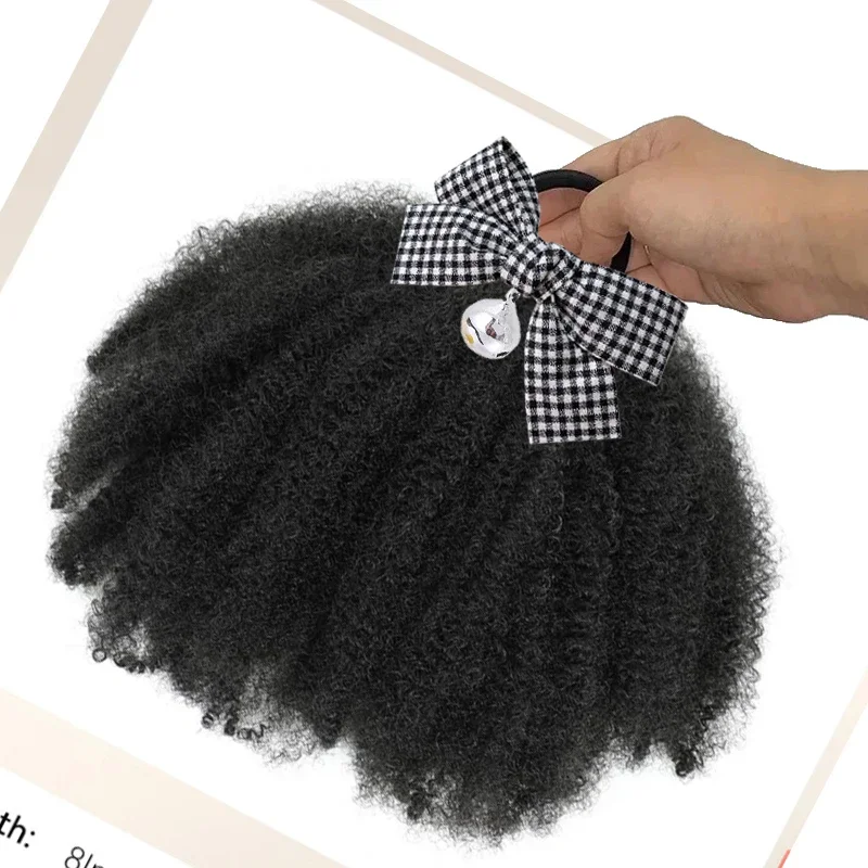 Pince à cheveux synthétique noire naturelle pour enfants, queue de cheval pour enfants, double bouffées afro, chignon crépu et bouclé, nœud à carreaux cloche pour enfants, 2 paquets