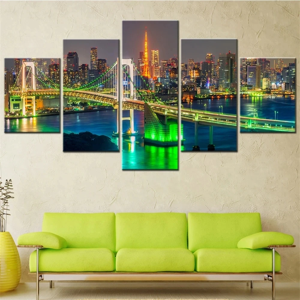 

Rainbow Bridge Tokyo City Night View 5 Panel Wall Art Diamond Mosaic Modern Decor Painting Interior Aesthetic Room Decor V674