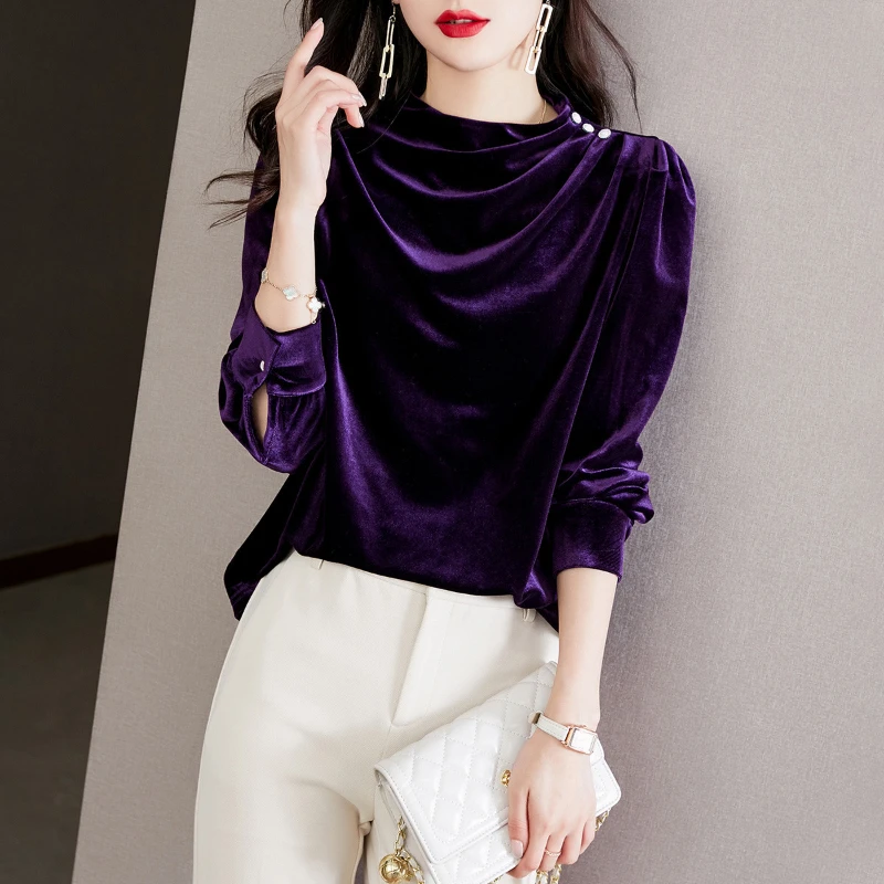 Fashion Corduroy Women's Blouse Vintage Pleated Turtleneck Long Sleeves Ladies Tops Chic Elegant Blouses Luxury Women's Clothing