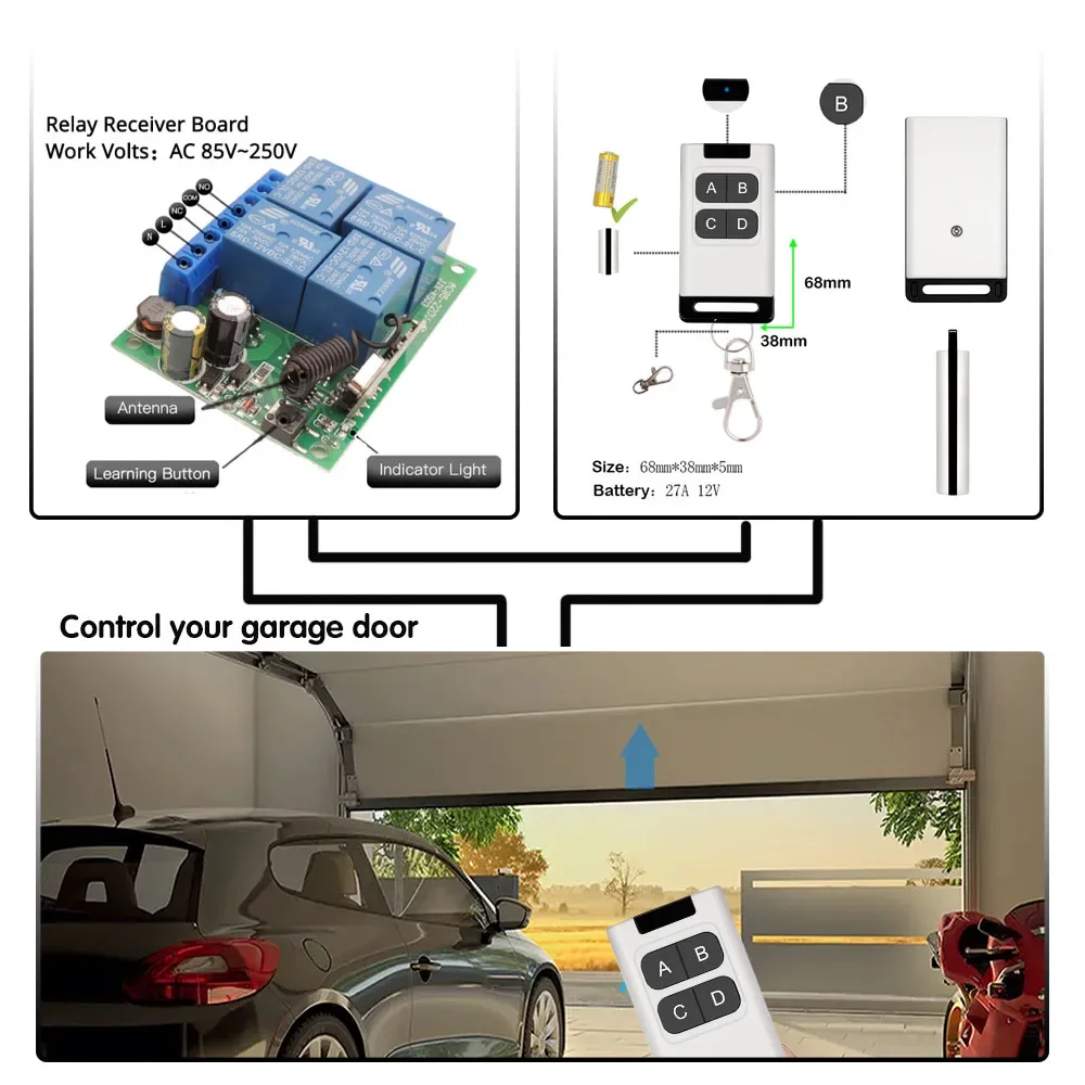 433Mhz RF telecomando universale senza fili AC 110V 220V interruttore 4 canali ricevitore relè e trasmettitore per apriporta cancello