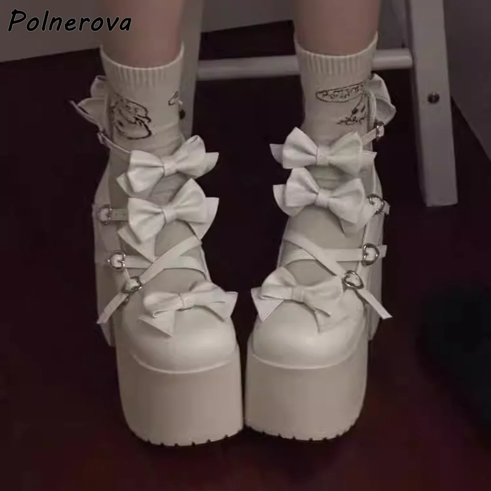 

White Butterfly Knot Pumps Multi Heart Buckle Platform Round Toe Sweet Lolita Cosplay Shoes Women's Sweet Trendy Dress Shoes