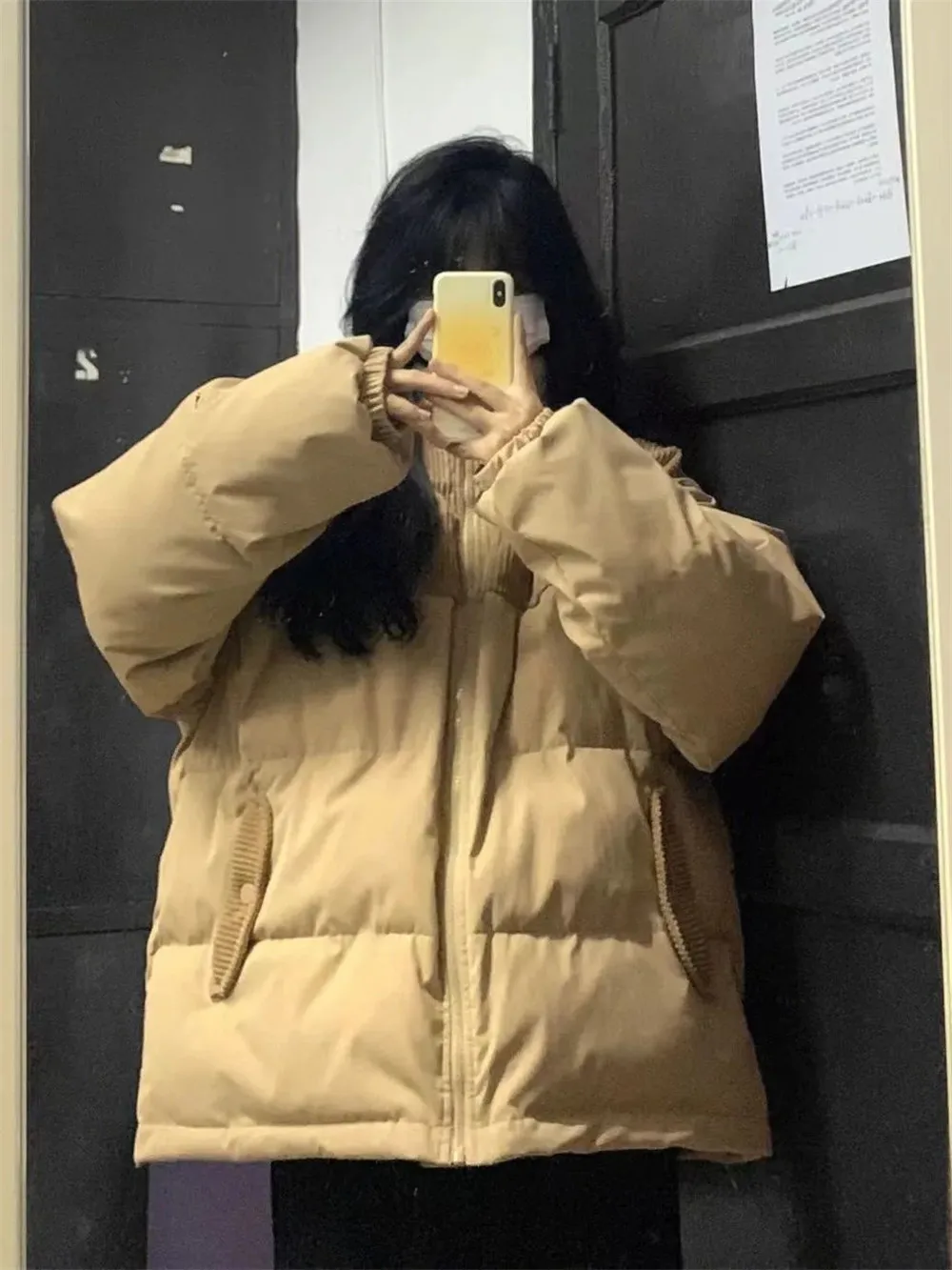 Khaki Retro Corduroy Stitched Cotton Jacket Women'S 2022 Winter Thicken Warm New Loose Parkas Harajuku Students Clothes Trend