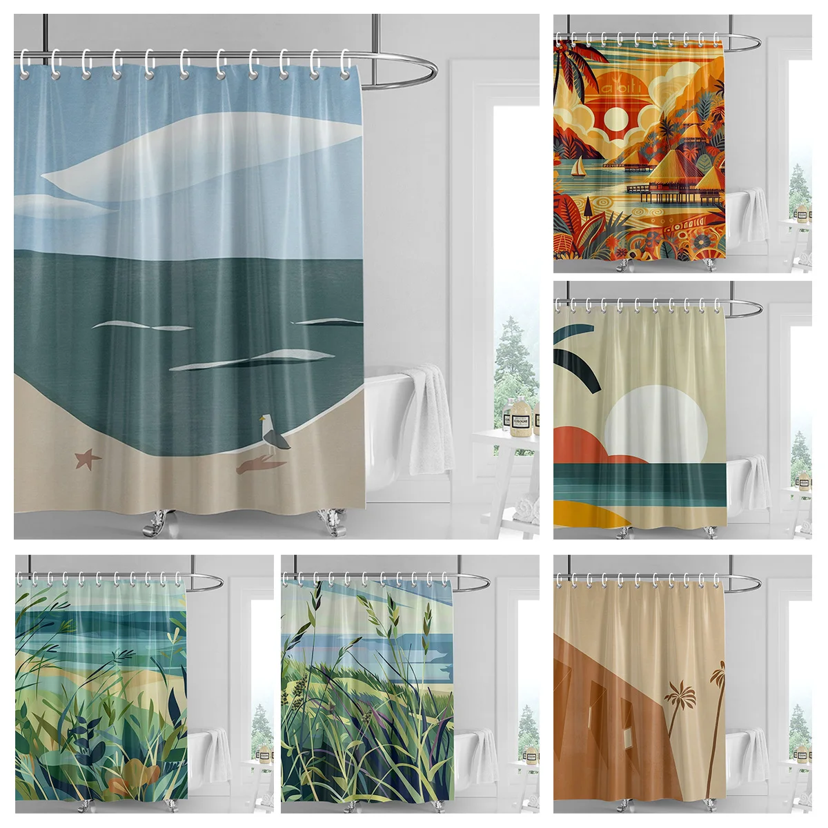 Nordic Simple Style Morandi Shower Curtain Abstract Plant Character Pattern Bathroom Bathtub Dual-Use Shower Curtain