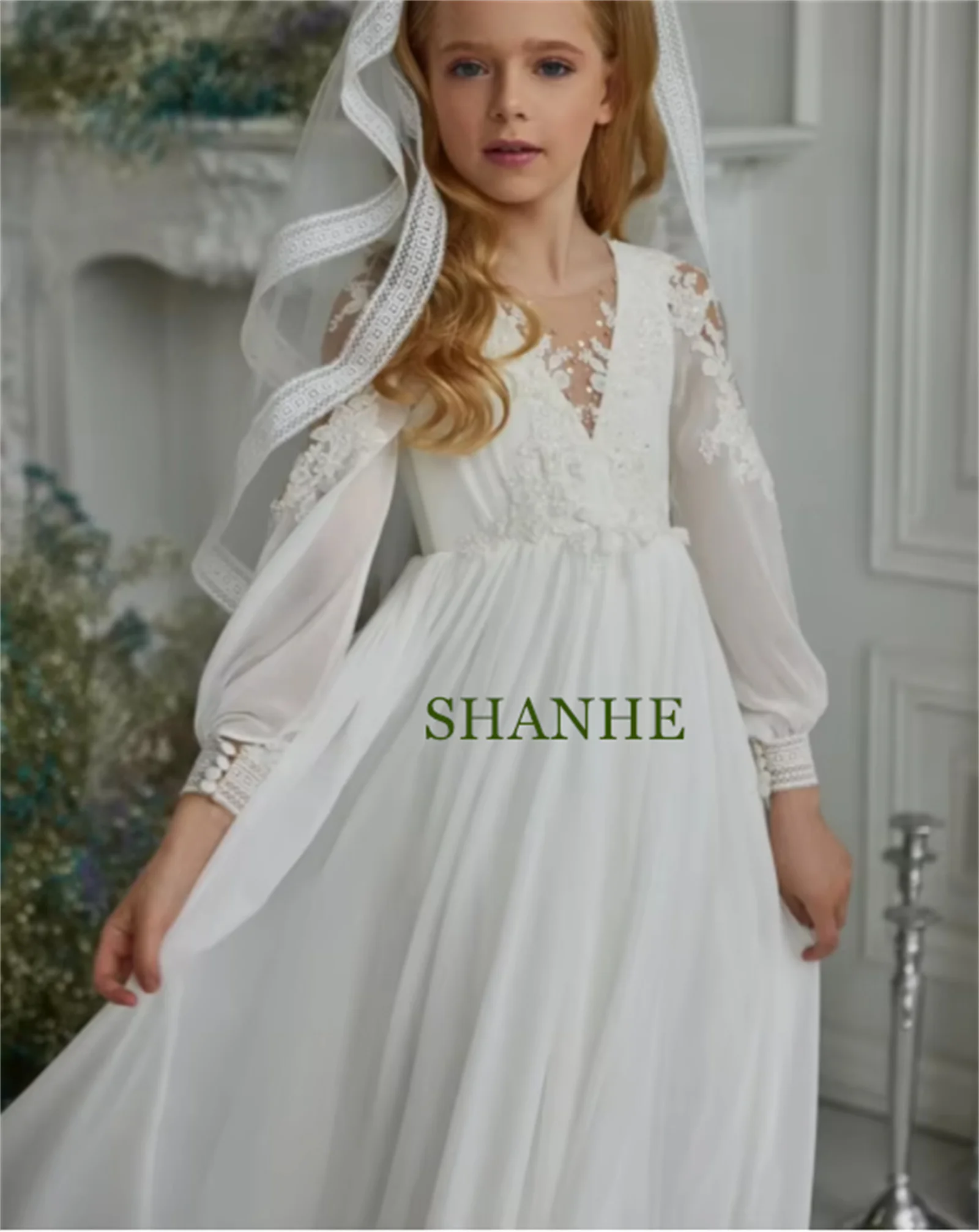 CustomizedWhite 꽃의 소녀 드레스 레이스 쉬폰 2024 신작 공주 긴 a 라인 첫 성찬식 드레스 신성한 이벤트