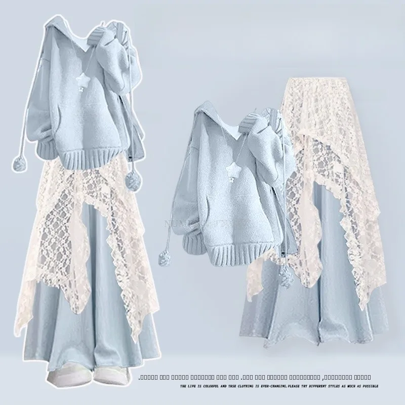 

Комплект из двух предметов: вязаные кружевные повседневные брюки и юбка с высокой талией для женщин больших размеров, осенне-зимний, омолаживающий, нежный, элегантный, утягивающий фигуру