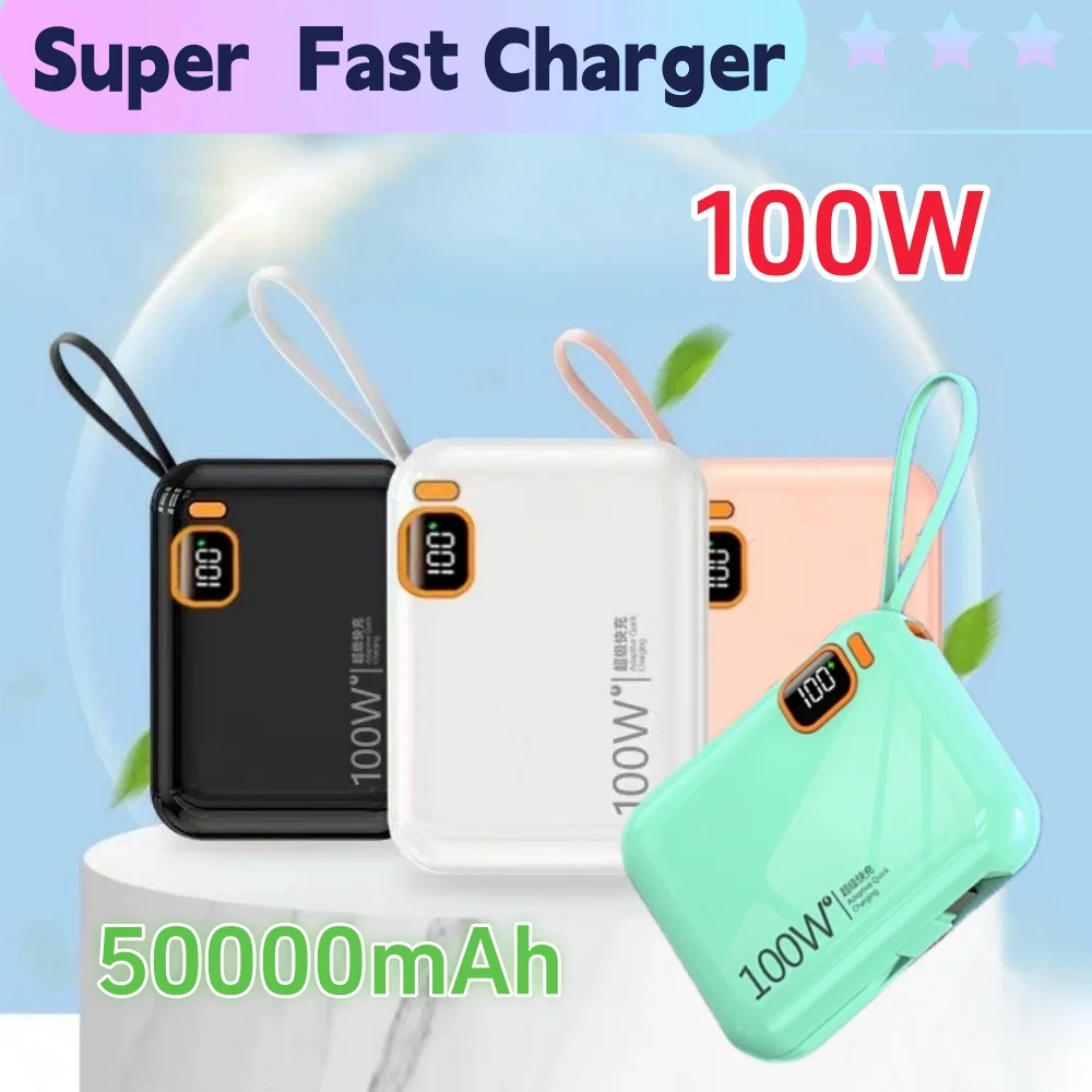 50000mAh Portable Power Bank 100W Detachable USB to TYPE C Cable Two-way Fast Charger Mini Powerbank for iPhone Xiaomi Samsung