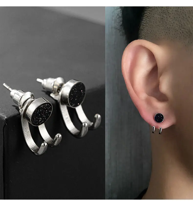 

Mens Kpop Punk Ear Stud Silver Color Fashion Earrings For Women Personality Black Agate Couple Earring Valentine‘s Day Gift 2023