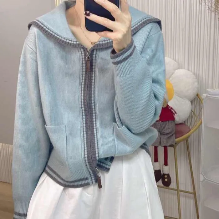 Suéter De punto para Mujer, cárdigans, nuevo suéter De punto con cuello marinero De manga larga, cárdigan, Tops para Mujer, prendas De punto, suéteres De Mujer Q1424
