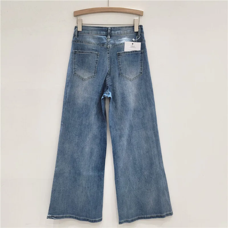 ANJY Autumn Women High Street Lace Diamonds Tide Hollow Out Patchwork Jeans Light Luxury Stretch Versatile Straight Pants A10573