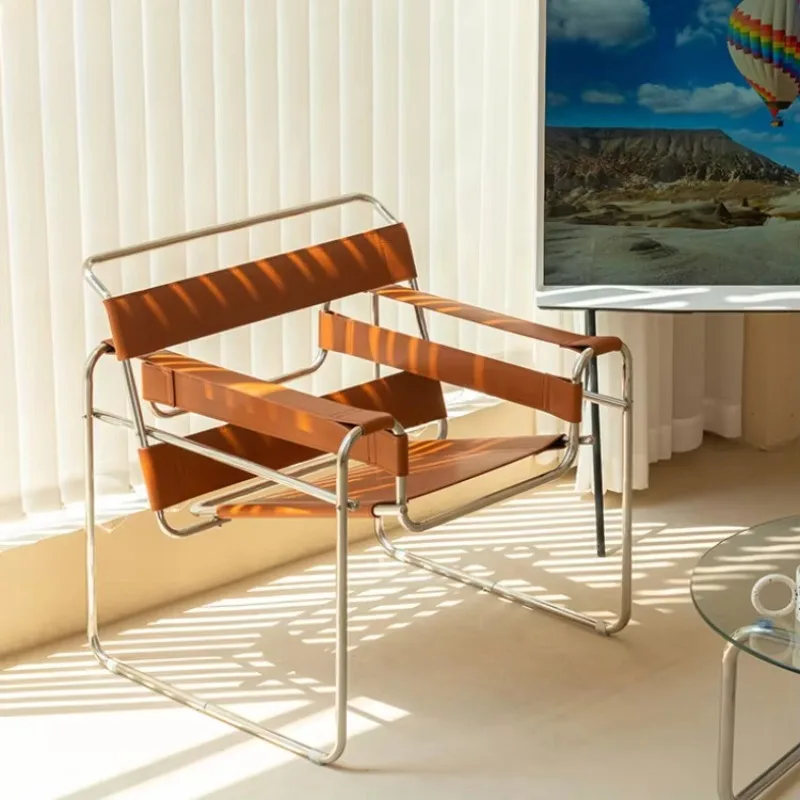 Armchair Stainless Steel Frame Armchair Cowhide White Leather Lounge Chair