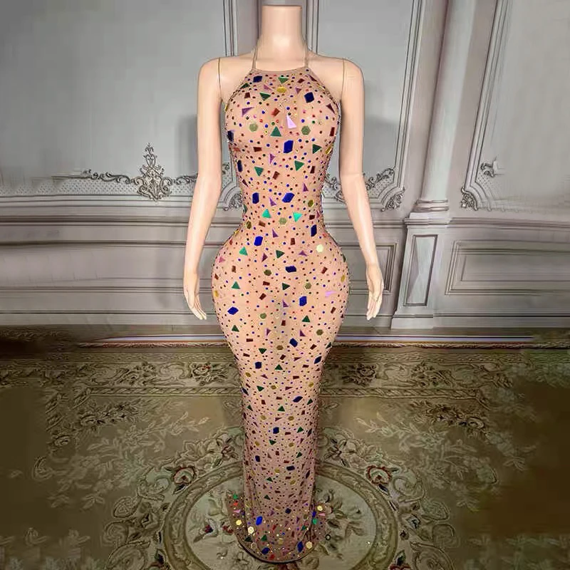 Colorful Mirrors Gogo Costumes Women Singer Celebrate Party Outfits Sexy Mesh Perspective Rhinestones Evening Dresses XS8135