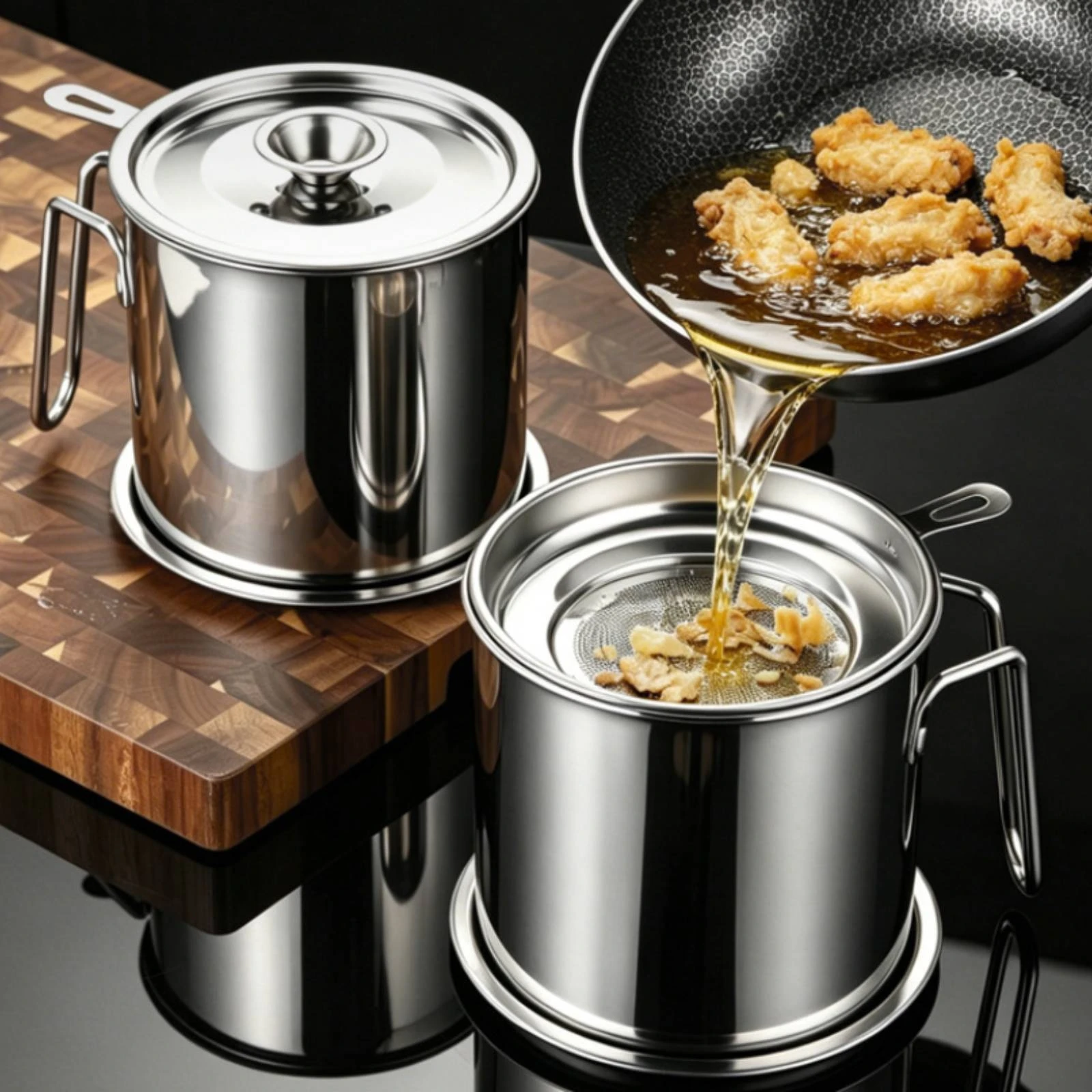 Oil Filter Pot Stainless Steel Cooking Oil Container with Strainer Grease Container with Strainer Pouring Lip Cookware view 2