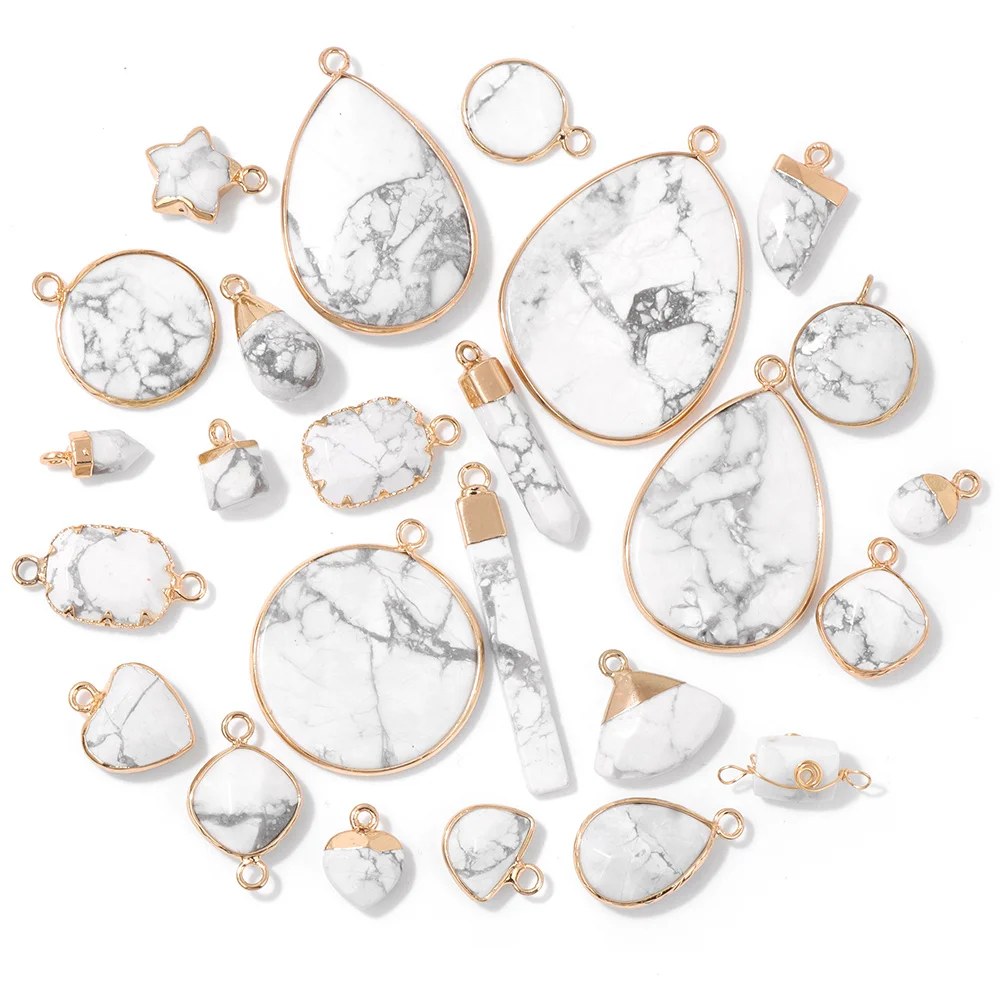 2PCS Gold Color Metal Wrapping Stone Pendants Natural White Howlite Turquoises Charm For Jewelry Making