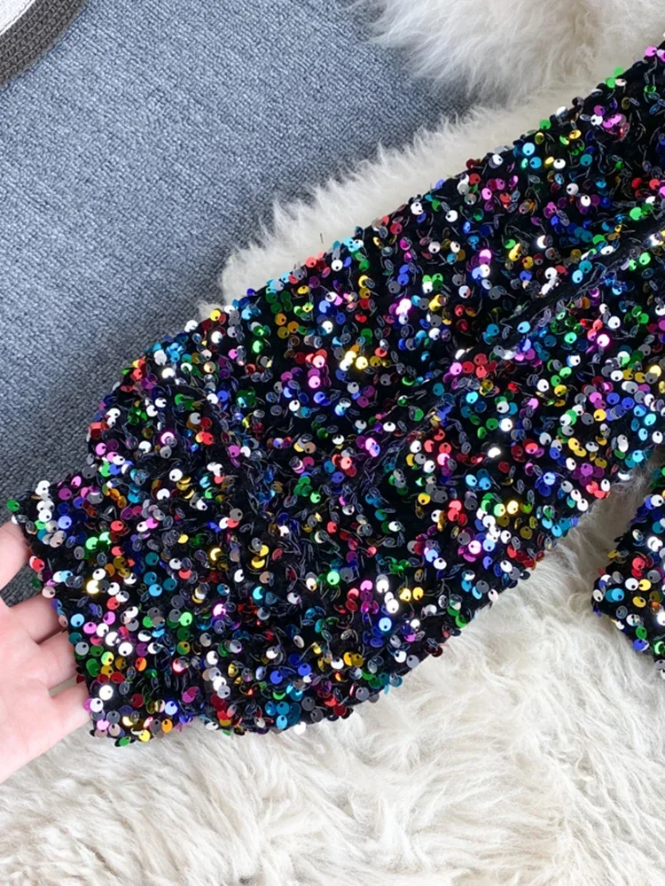 Herbst 2022, neues Produkt, T-Shirt mit schrägem Kragen, trägerlos, einseitig, Puffärmel, schmale Passform, kurzes Pailletten-Top HK102