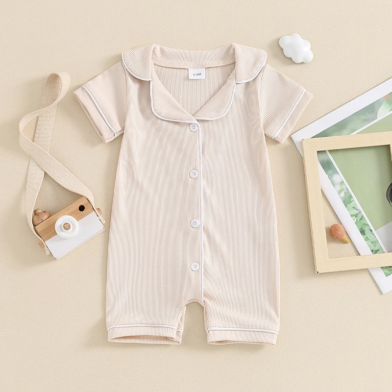 

Baby Boy Romper Summer Jumpsuit Solid Short Sleeve Bodysuit Button Down Overalls Infant Outfits Playsuit