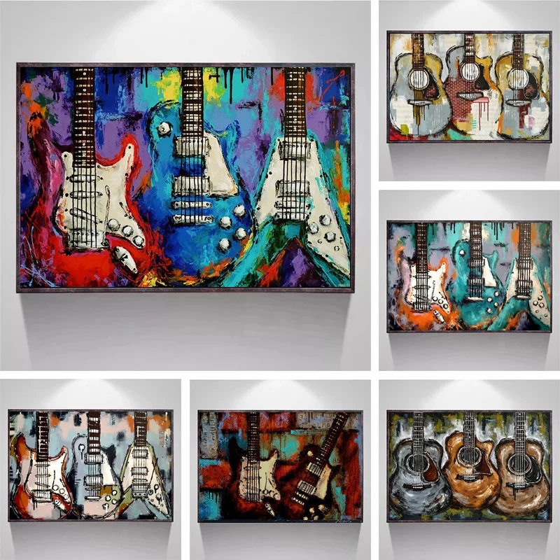 Graffiti Abstract Instrument Guitar Canvas Painting Fashion Music Electric/Wooden Guitar Wall Art Pictures Home Bar Shop Decor