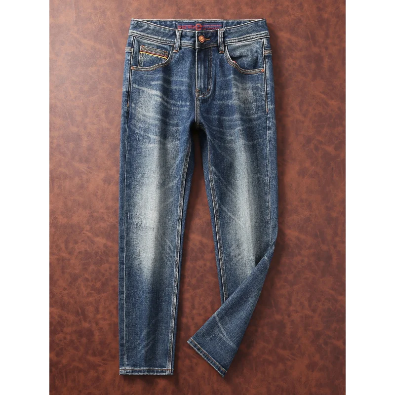 

Осенне-зимние толстые синие мужские джинсы, высококачественные модные эластичные облегающие маленькие прямые брюки, модная мужская одежда