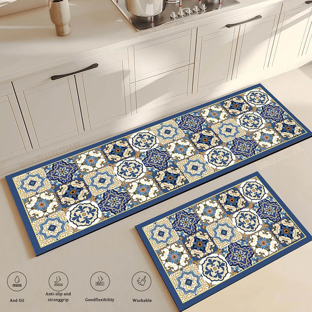 Bedside Living Room Study Room Kitchen Rug Courtyard Entrance Ethnic Style Absorbent Floor Mat, Crystal Velvet No-slip  Carpet