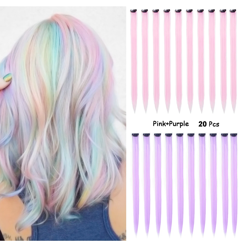 

Rainbow Wig Pieces Colorful Party Highlights Clip in Colored Hair Extensions Multicolors Straight Synthetic Hairpieces for Women