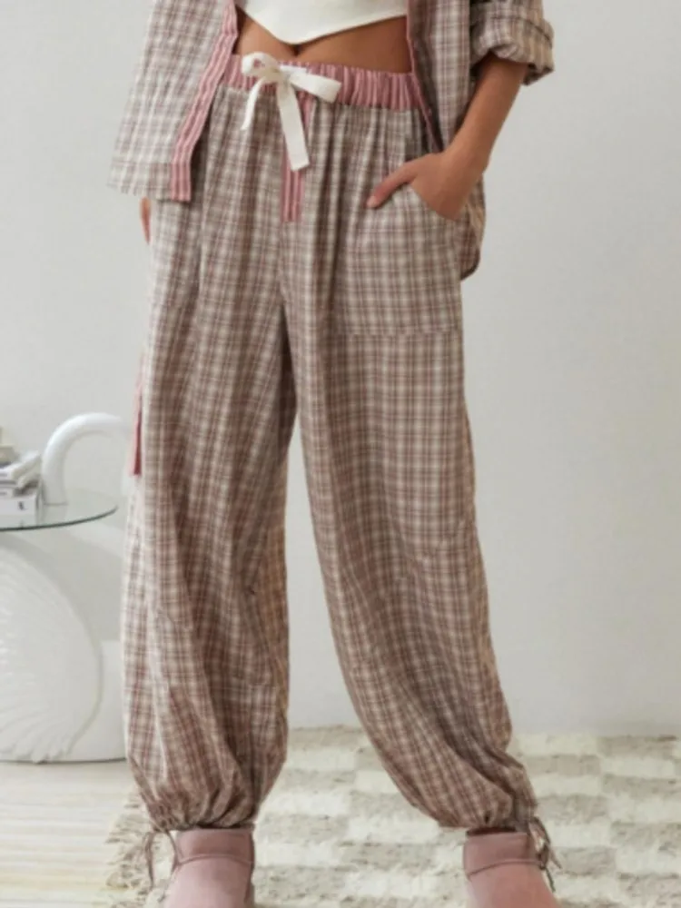 Fashion Lapel Long-sleeved Single-breasted Shirt Top + Long Pants 2-piece Set For Women Autumn Plaid Print Home Wear Suit Female