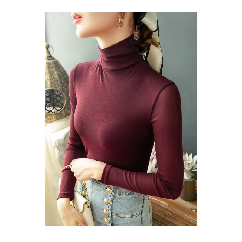 Damska koszulka z golfem, z siateczkowym dołem, w jednolitym kolorze, na wiosnę i jesień, dopasowana, z długim rękawem, modna i uniwersalna.