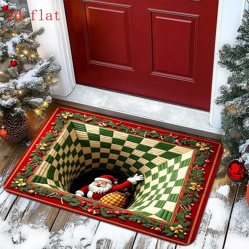 VIKAMA 3D Vortex Tunnel Santa Doormat Green Plaid Optical Illusion Skid Resistant Xmas Entry Rug Seasonal Xmas Decor Home