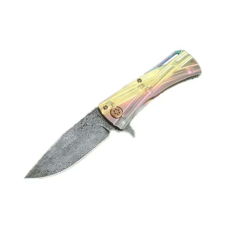 Colorful Bamboo Titanium Handle Knife Pocket Folding Damascus Blade Tactical Rescue Hunting Camping EDC Survival Tool Knives