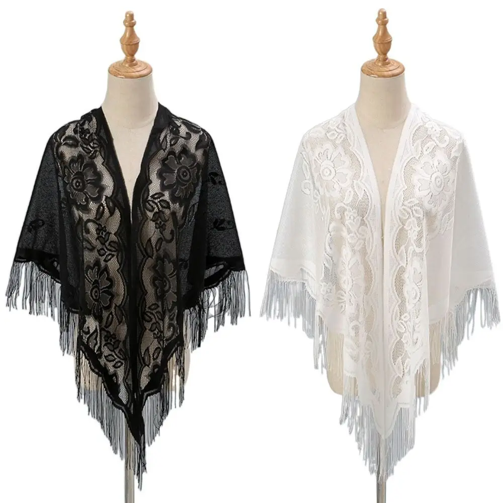 Tassel Patchwork V-Neck Cardigans Women Vintage Shawl Party Dinner Top Scarf Shawls Mesh Cloak Capelet Fringes