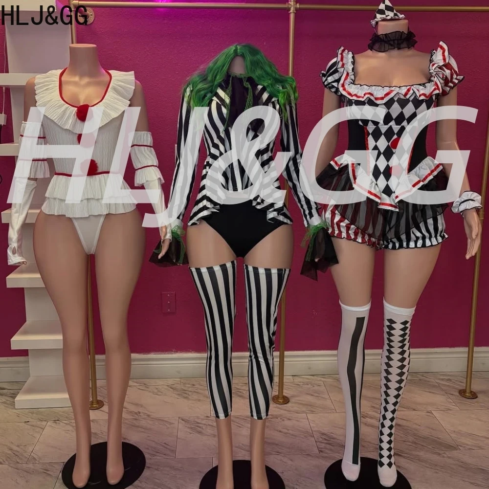 

HLJ&GG Womens Clown Costume Off Shoulder Shorts Jumpsuit Sleeves Collar Hat And Stockings Sets Halloween Costumes Clubwear 2025