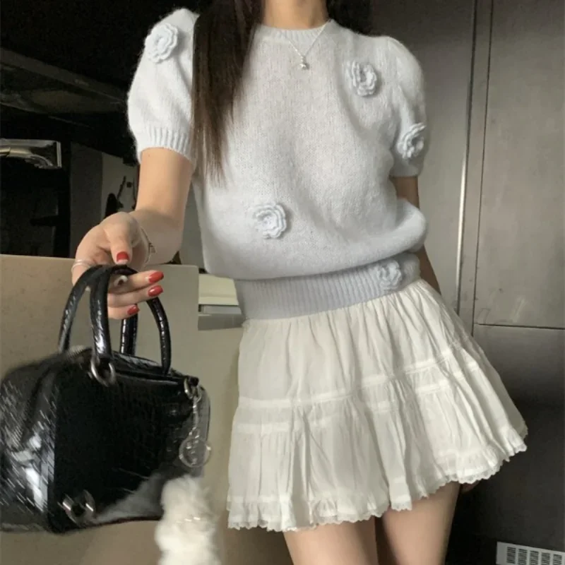 Kırpma Kazaklar 3D Çiçek Tatlı Tüm Maç Sokak Şıklığı Yaz Kızlar İnce Süveter Triko Yuvarlak Boyun Kabarık İhale Estetik Şık