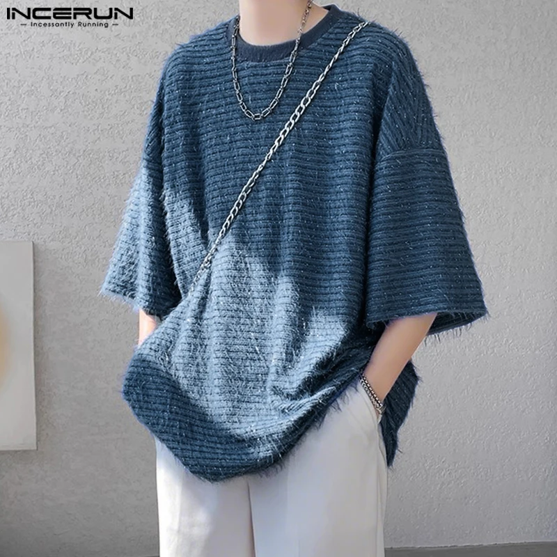 INCERUN الصيف الرجال تي شيرت الصلبة شرابة س الرقبة نصف كم عادية الذكور المحملة القمم الشارع الشهير كبيرة الحجم 2025 موضة الرجال الملابس