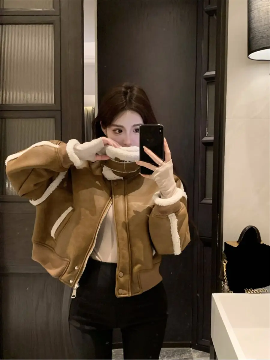 2024 Winter Nieuwe Vrouwen Tops Jasje Lamswol Splitsen Kraag Lange Mouw Rits Korte Jassen Dames Kleding