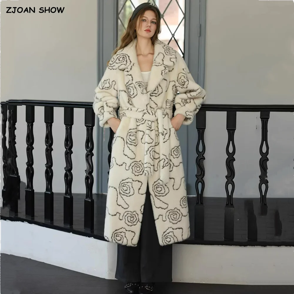 2025 invierno marfil estampado Floral imitación abrigo de piel de visón CHIC mujeres cuello con muescas lazo fajas manga completa suelta cálida ropa de abrigo larga