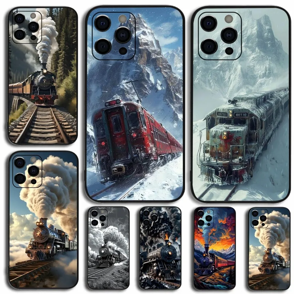 Classic Steam Train Railway Phone Case For Apple iPhone 15,14,13,12,11,Pro,X,XS,Max,XR,Plus,Mini Soft Black Cover