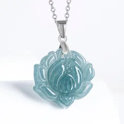 Jia Le/ 925 Silver Inlaid Natural Blue Water Jade Lotus Necklace Pendant Fine Jewelry Fashion Accessories Men Women Couple Gift