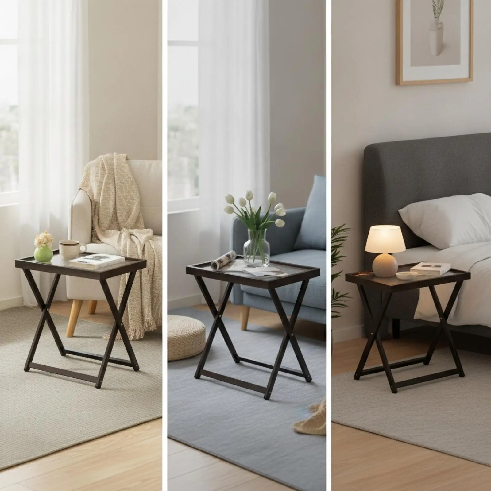 Folding Side Table with Detachable Tray Foldable Folding Side Table Space-Saving