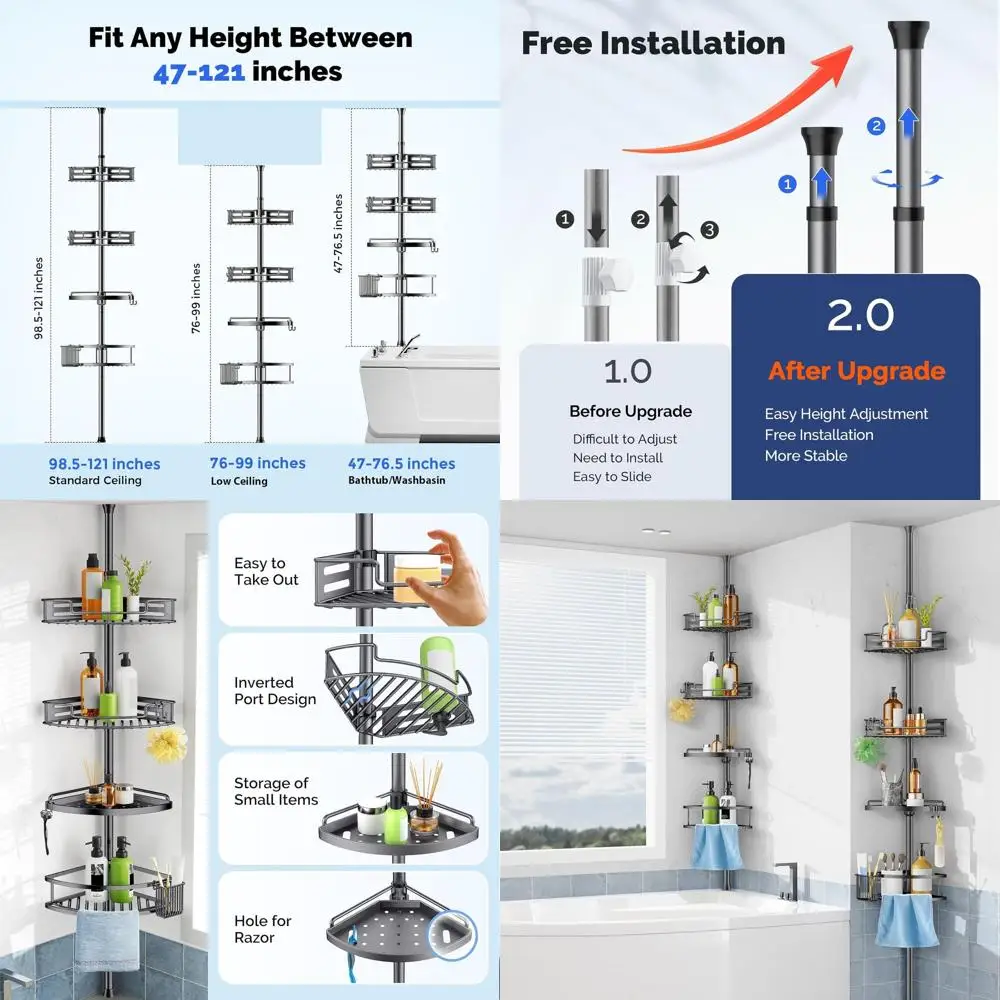 

Adjustable 4-Tier Tension Pole Shower Caddy, Rustproof Bathroom Organizer, 47-121 inch, Gray