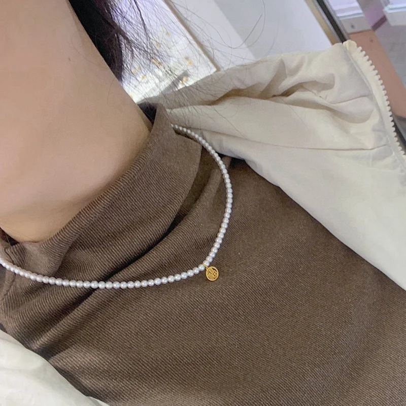 SGARIT 18k Gold Pearl Necklace Vintage Beaded Choker Pure AU750 Whiter Round Pearl Pendant Chain Jewelry Party Gift SN15