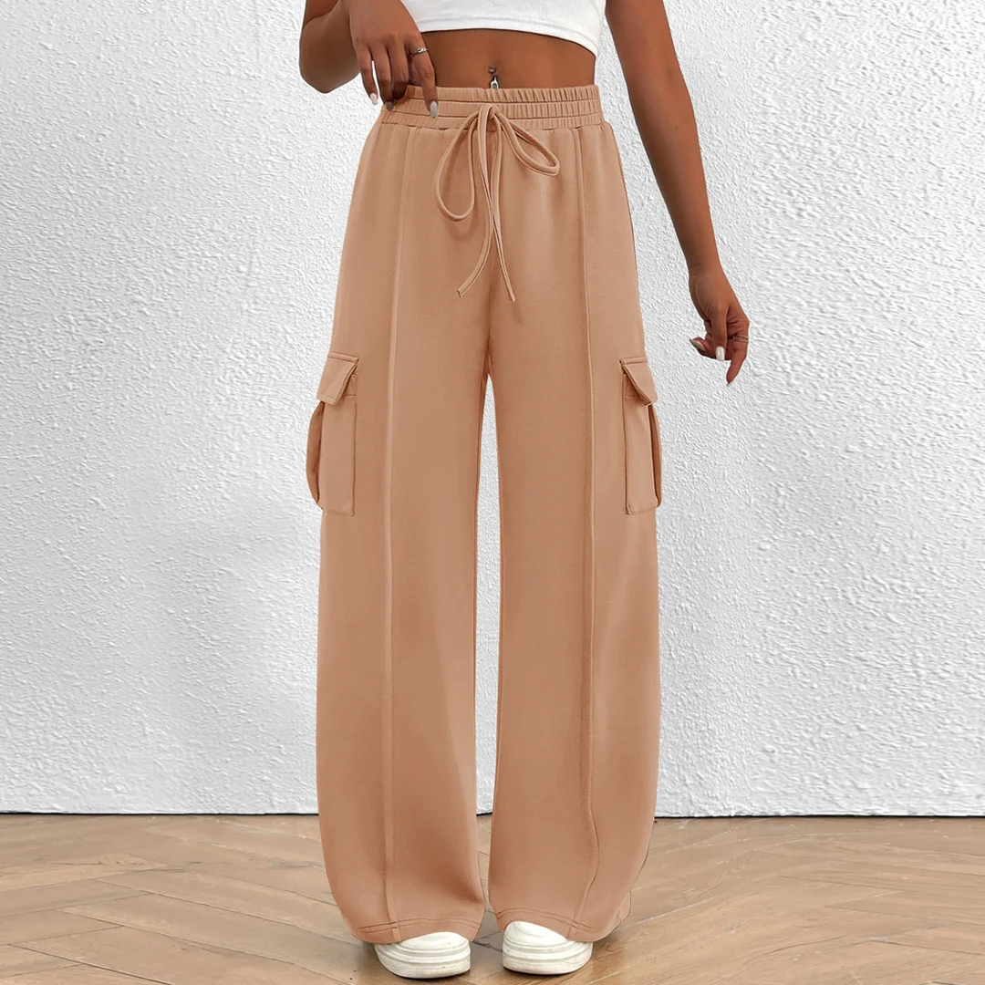 Pantalones Cargo Y2K para mujer, moda informal, cintura alta, pantalones con bolsillos grandes, pantalones de chándal lisos con cordón, Pantalones rectos sueltos, ropa de calle